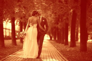 gelin ve damat sonbahar parkında