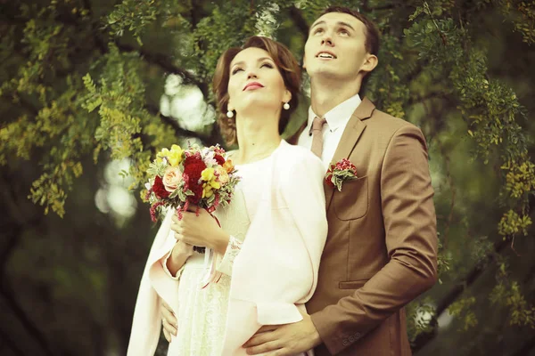 Bride and groom in summer park — Stock Photo, Image