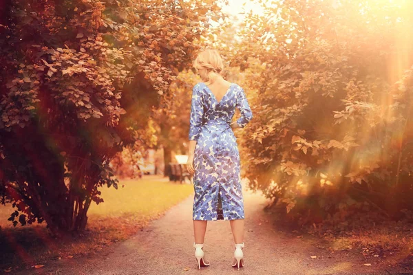 Schöne Junge Frau Posiert Herbst Park Rückansicht — Stockfoto