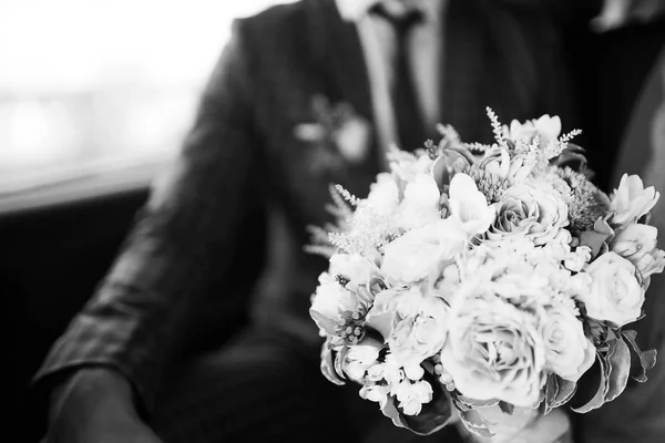 Groom Holding Beautiful Bridal Bouquet Hands — Stock Photo, Image