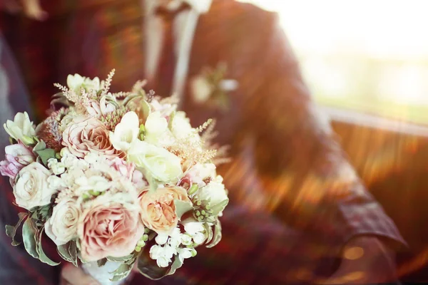 Groom Holding Beautiful Bridal Bouquet Hands — Stock Photo, Image