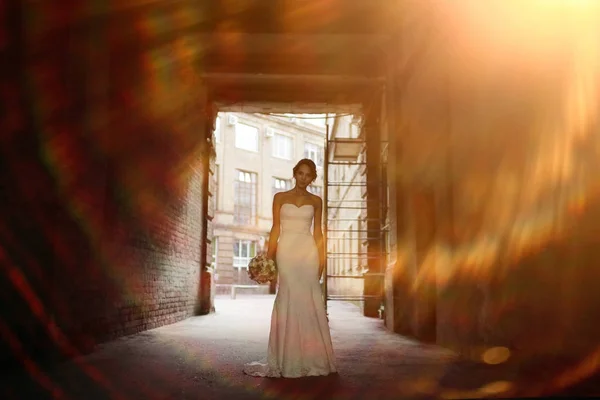 Портрет Красивої Молодої Нареченої Весіллі Біла Сукня Позує Вулиці — стокове фото