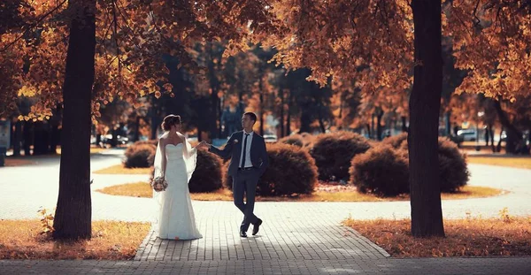 gelin ve damat sonbahar parkında