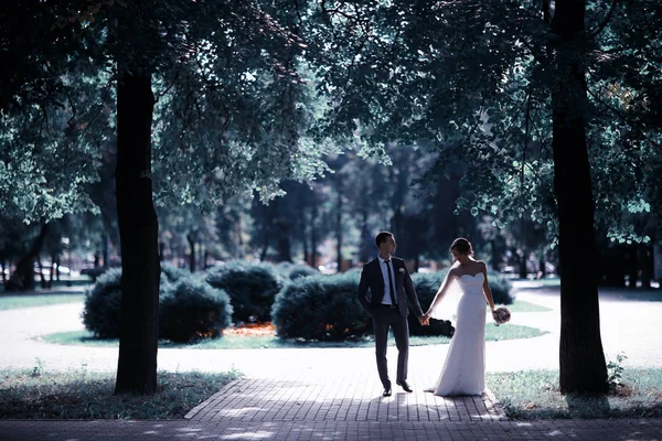 Νύφη και γαμπρός στο πάρκο καλοκαίρι — Φωτογραφία Αρχείου