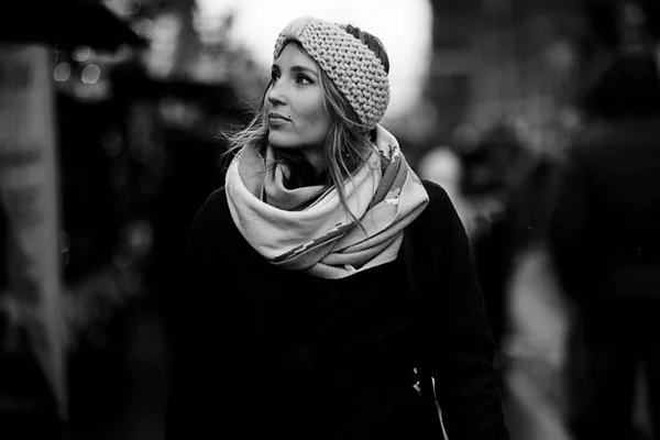 young woman in winter city