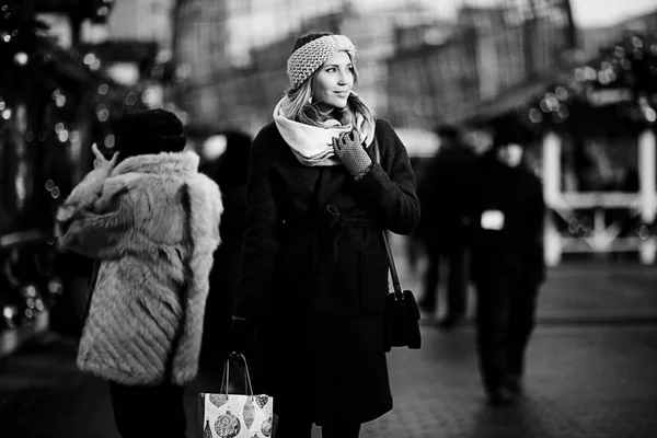 young woman in winter city