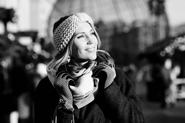 young woman in winter city