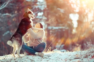 young man hugs a husky dog in the winter in the forest, a man and a dog hug together and play in a winter nature landscape
