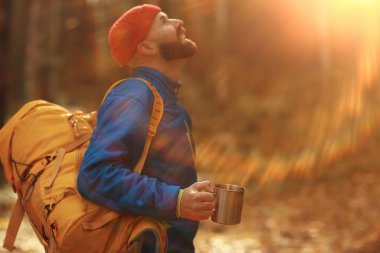 Sırt çantasıyla sonbahar yürüyüşü, güneş ışınları, sonbahar manzarası, gün batımının ışıltısı...