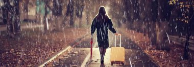 Ekim ayında yağmurda yürürken, sonbahar parkında kırmızı şemsiyeli genç bir kadın, sonbahar görünüşü