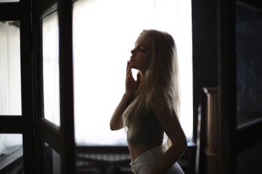 Çatı katının içinde seksi bir model. Güneşin arka aydınlatma ışınları.