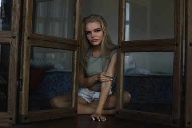 Çatı katında bir kız, modern bir ev, pencereler, duvar. Genç yetişkin pozu