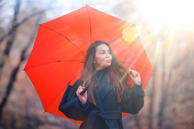 Sonbahar, güneşli bir gün. Şemsiyeli genç bir kız ekim ayında sarı bir parkta yürüyor.