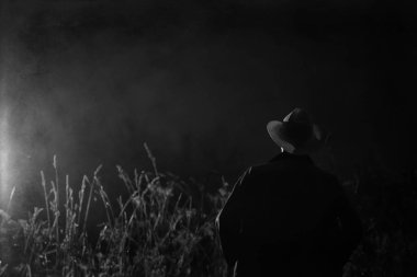 Cadılar bayramı erkek tarlası korkuluğu konsepti sis içinde korku ve korku gecesi