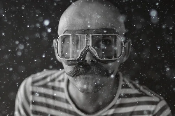 Portrait Steam Punk Hipster Mustachioed Man Posing Face Mustache — Stock Photo, Image