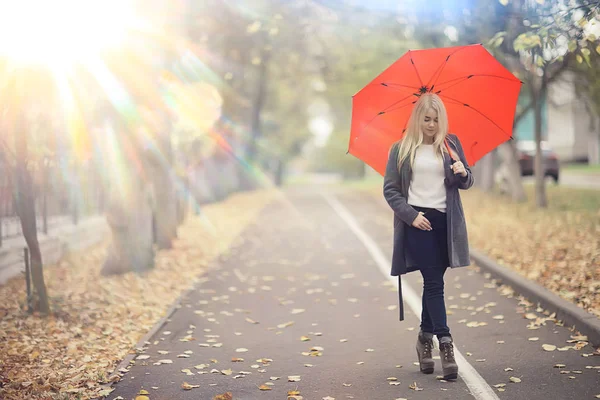 Autumn Look Sunny Day Young Girl Umbrella Walks Yellow Park — Stock Photo, Image