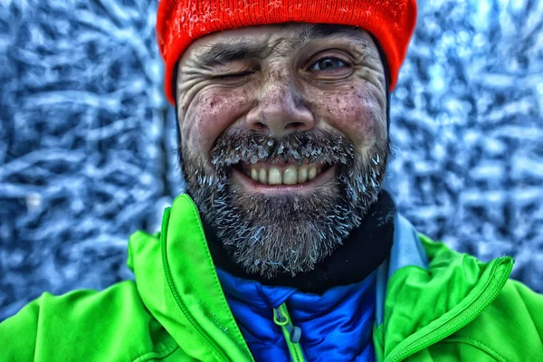 Barba Hoarfrost Retrato Jovem Barbudo Atividades Sazonais Livre Inverno Escandinávia — Fotografia de Stock