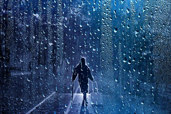 Herfst Avond Vrouw Houdt Paraplu Oktober Donker Stadspark Jong Eenzaam — Stockfoto
