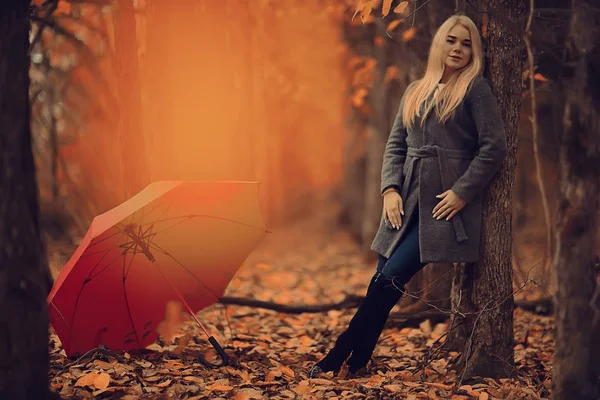 Menina Com Guarda Chuva Posando Parque Outono Paisagem Outubro Mulher — Fotografia de Stock