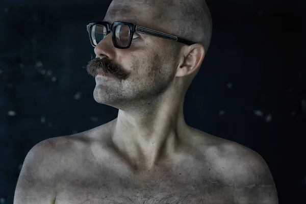 Unusual Portrait Bald Mustachioed Young Gentleman Eccentric Mister Psychology Concept — Stock Photo, Image