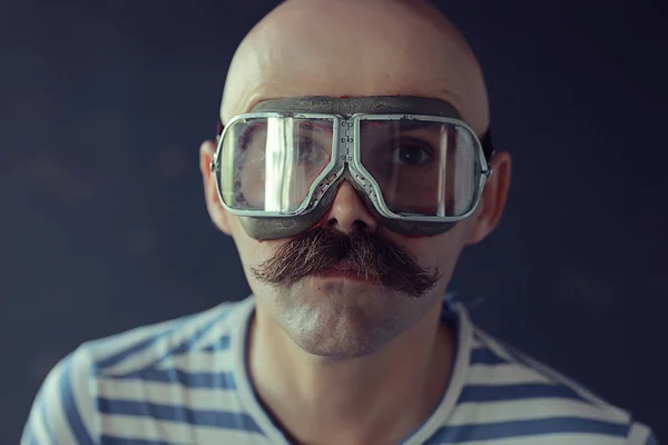 Portrait Steam Punk Hipster Mustachioed Man Posing Face Mustache — Stock Photo, Image