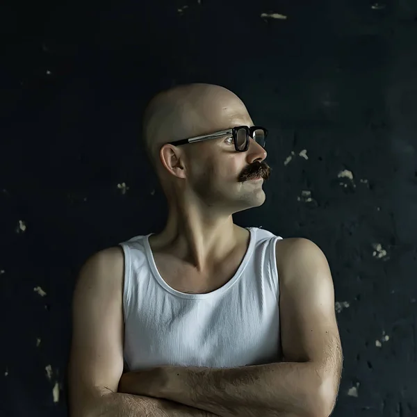 Unusual Portrait Bald Mustachioed Young Gentleman Eccentric Mister Psychology Concept — Stock Photo, Image