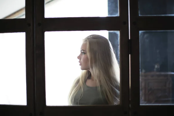 Ragazza Interno Soppalco Casa Moderna Finestre Muro Giovane Adulto Posa — Foto Stock