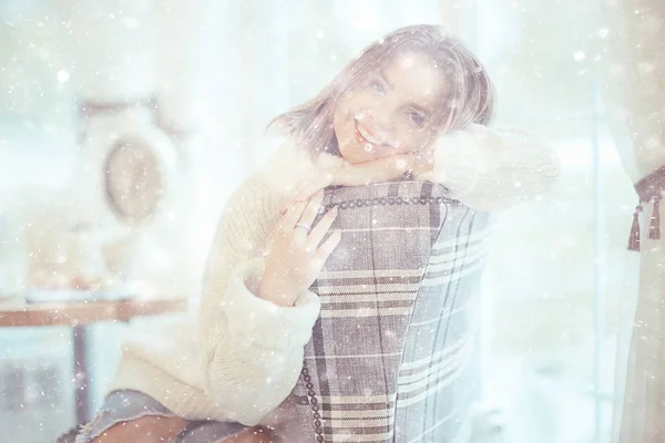 Snowfall Christmas Atmosphere Romance Portrait Beautiful Young Blonde Winter Trendy — Stock Photo, Image