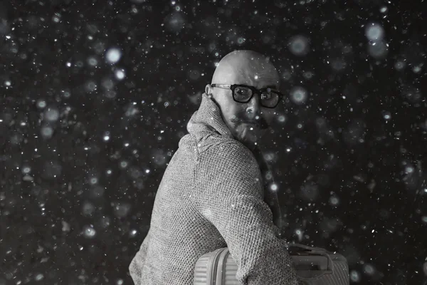 Man Holds Suitcase Tourist Concept Trip Mustachioed Guy Glasses Eccentric — Stock Photo, Image