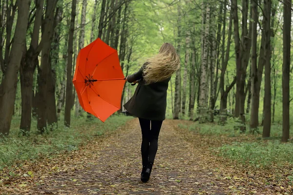 Junge Frau Tanzt Einem Herbstpark Mit Einem Regenschirm Dreht Sich — Stockfoto