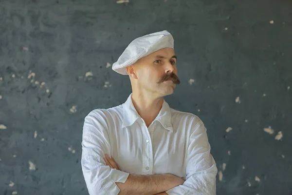 Portrait Brutal Mustachioed Cook Profession Uniform White Cap Glasses Man — Stock Photo, Image