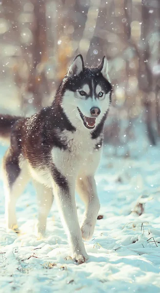 Husky Divertido Corre Través Del Bosque Invierno Paseo Bosque Cubierto — Foto de Stock