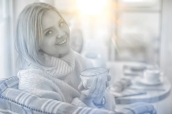 Morning Breakfast Bright Cafe Cozy Portrait Young Model Lifestyle Home — Stock Photo, Image