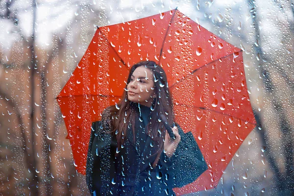 Outono Noite Mulher Detém Guarda Chuva Outubro Parque Cidade Escura — Fotografia de Stock