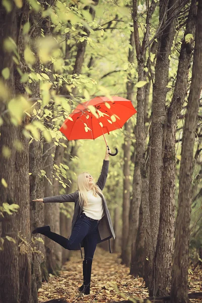 Girl Umbrella Posing Autumn Park October Landscape Lonely Woman Holding — Stock Photo, Image