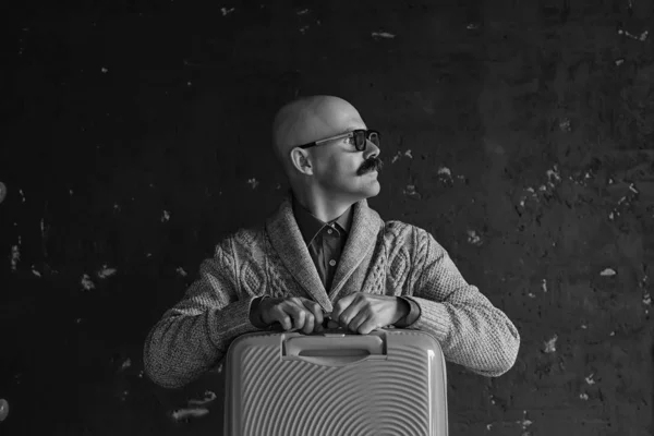 Man Holds Suitcase Tourist Concept Trip Mustachioed Guy Glasses Eccentric — Stock Photo, Image