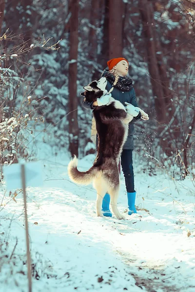 Діти Грають Собакою Зимовому Пейзажі Сонячного Лісу Снігопадами Дівчаток Хаскі — стокове фото