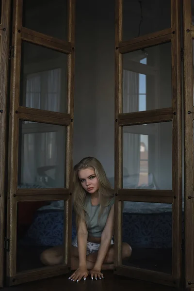 一个女孩在阁楼的内部 现代的房子 年轻成年人摆姿势 — 图库照片