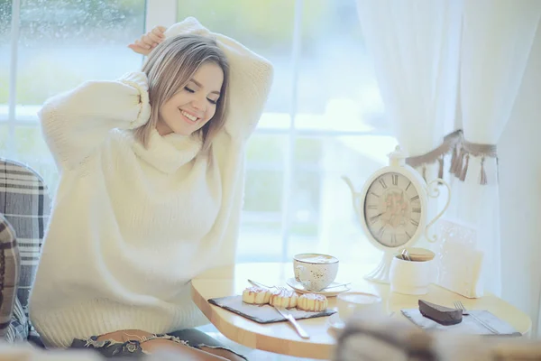 Morning Breakfast Bright Cafe Cozy Portrait Young Model Lifestyle Home — Stock Photo, Image