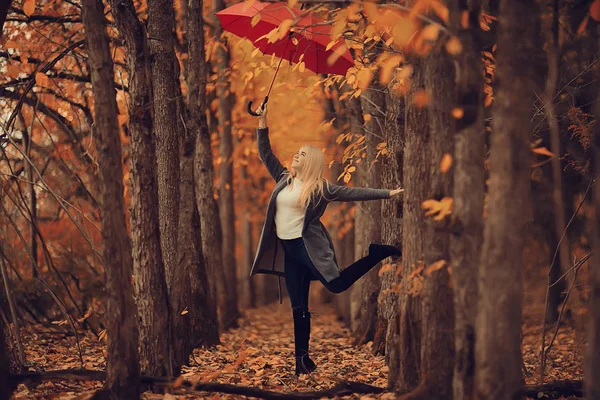 Girl Red Umbrella Flying Umbrella Jumping Having Fun Yellow Autumn — Stock Photo, Image