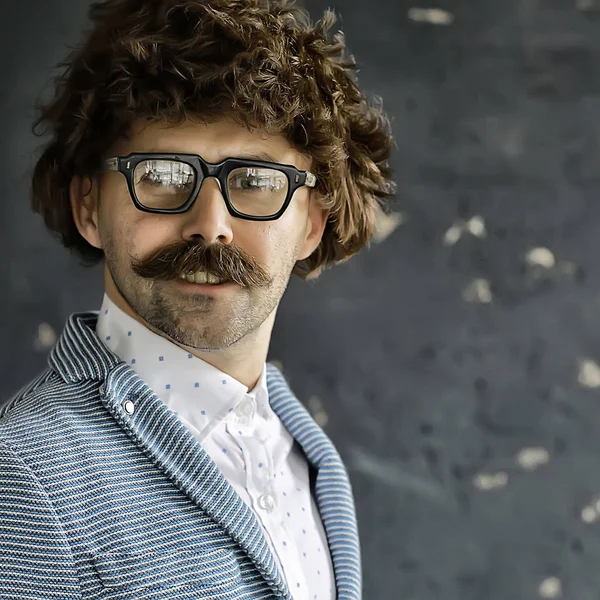 Mustachioed Man Classic Suit Vintage Glasses Curly Hipster Portrait Long — Stock Photo, Image