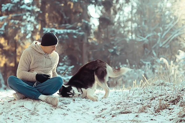 young man hugs a husky dog in the winter in the forest, a man and a dog hug together and play in a winter nature landscape