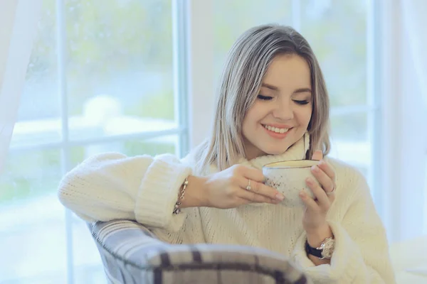 Morning Breakfast Bright Cafe Cozy Portrait Young Model Lifestyle Home — Stock Photo, Image