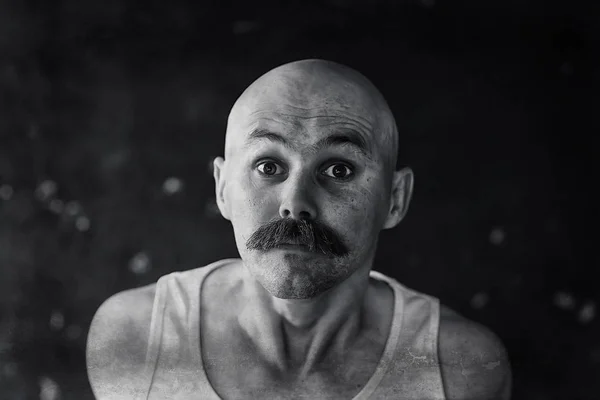 Unusual Portrait Bald Mustachioed Young Gentleman Eccentric Mister Psychology Concept — Stock Photo, Image