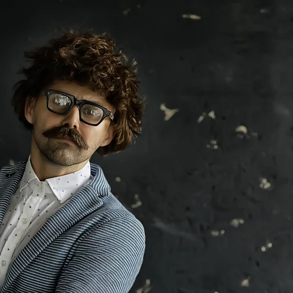 Mustachioed Man Classic Suit Vintage Glasses Curly Hipster Portrait Long — Stock Photo, Image