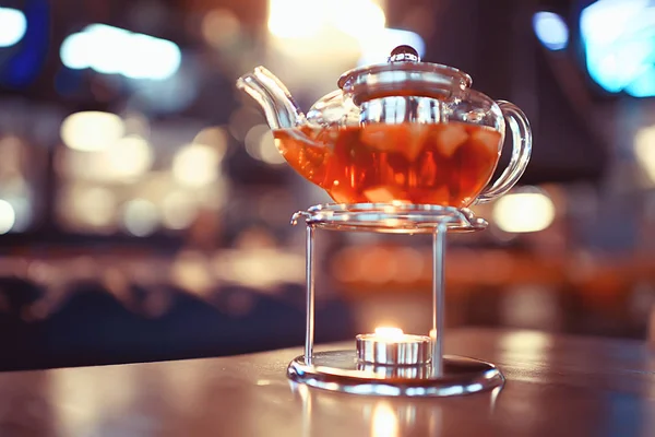 Glass Transparent Teapot Tea Cafe Tea Ceremony Black Tea Table — Stock Photo, Image