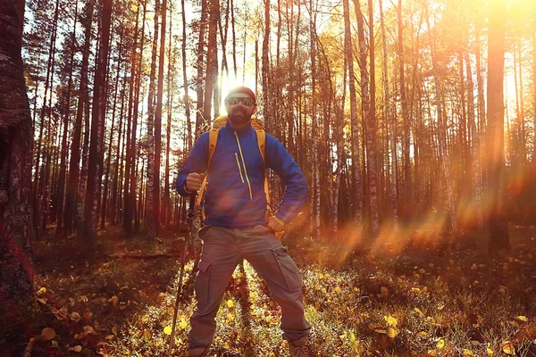 Follow Hike Man Invites You Forest Hike Autumn Landscape Forest — Stock Photo, Image