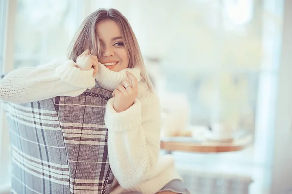 Morning Breakfast Bright Cafe Cozy Portrait Young Model Lifestyle Home — Stock Photo, Image