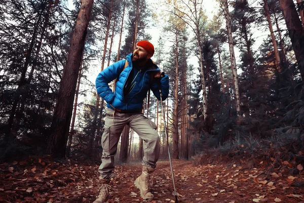 Follow Hike Man Invites You Forest Hike Autumn Landscape Forest — Stock Photo, Image