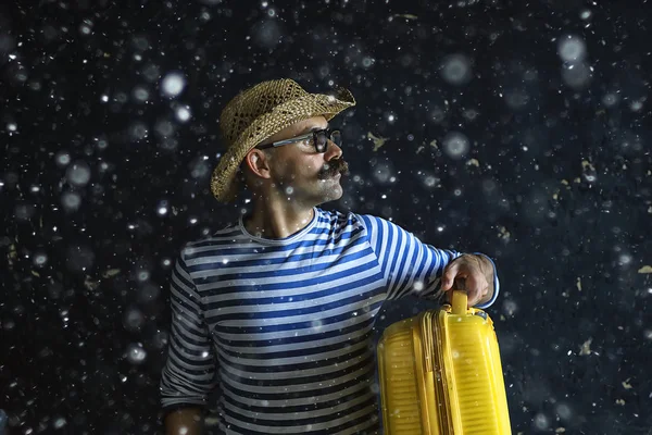 Man Holds Suitcase Tourist Concept Trip Mustachioed Guy Glasses Eccentric — Stock Photo, Image